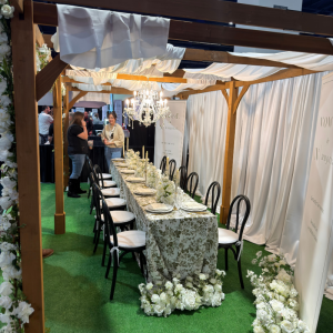 Tablescape with low profile floral centerpiece.