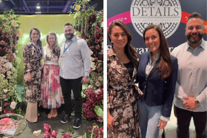 Two images with three people each standing front of booths at Wedding MBA.