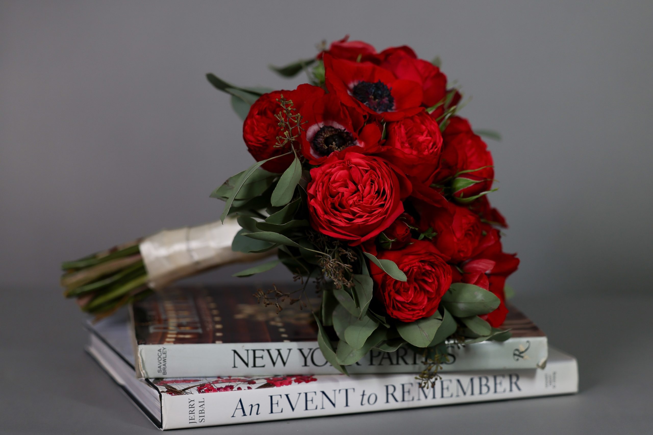 Holiday Bouquet with Red Garden Roses and Red Anemones