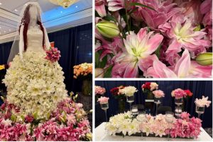 Collage of rose lilies from Choice Farms booth with rose lily bridal dress and centerpiece designs.